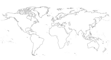 Simple black and white outline drawing of the entire world map continents and major landmasses