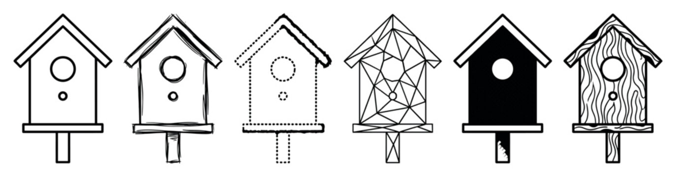 Collection of six black birdhouse illustrations in various artistic styles including line art, sketch, dotted, geometric, silhouette, and wood grain texture on a post