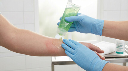 Gentle treatment of sunburned forearm with aloe vera gel by a caring professional in a clinical setting
