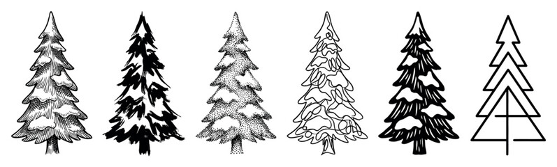 Obraz premium Set of six black fir tree illustrations in various artistic styles including engraving, stippling, line art, and graphic design for winter holiday themes