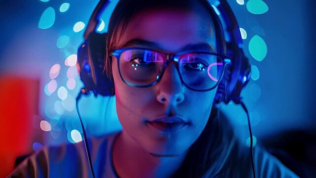 A mysterious portrait of a man wearing glasses with reflections of digital lights symbolises immersion in virtual reality and technological progress. Suitable as a background for topics related to inn