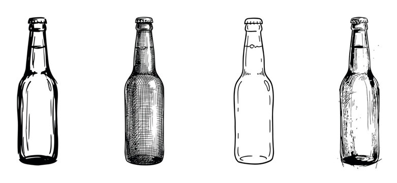 Four hand-drawn beer bottles in various sketch styles, showcasing a collection of black and white ink illustrations with detailed line work and cross-hatching for a vintage feel
