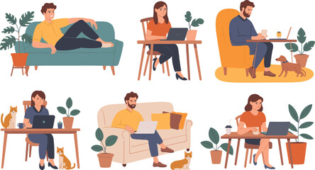 Obraz na płótnie Canvas Home laptop users with pets and plants, cozy furniture, remote work lifestyle, casual posture, cartoon interior scenes