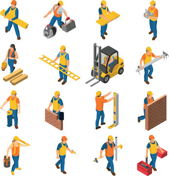 Isometric construction workers, safety gear, building tools, teamwork, site activity, machinery operation, painting, bricklaying, carpentry, industrial poses