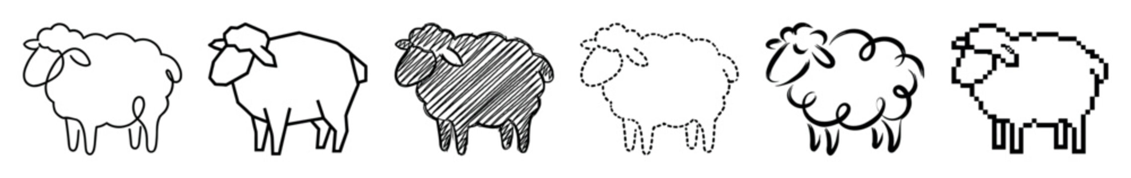 Collection of six sheep vector icons showing different graphic design styles like one-line drawing, low poly, hatching, dotted outline, ink brush, and 8-bit pixel art