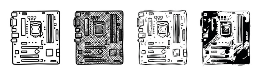 Four computer motherboard illustrations in various hand-drawn styles, showing a collection of black and white sketch, line art, and cross-hatching techniques for tech concepts