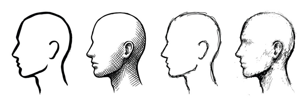 Four hand-drawn sketches of a human head in profile view showing different artistic styles from simple outline to detailed cross-hatching and texture in black and white