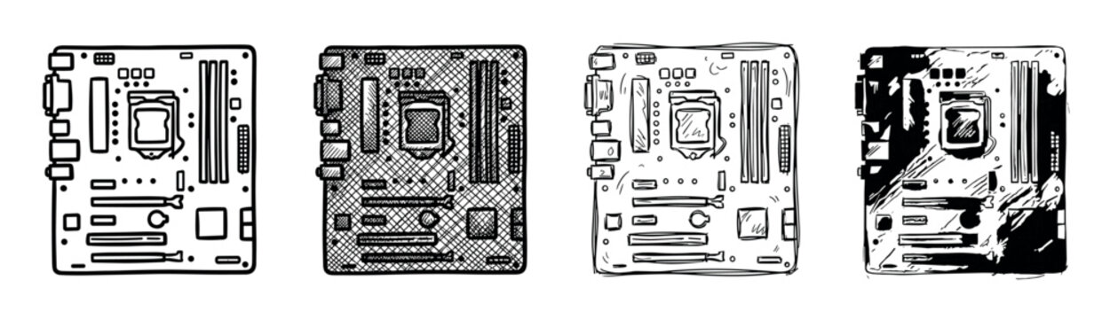 Four computer motherboard illustrations in various hand-drawn styles, showing a collection of black and white sketch, line art, and cross-hatching techniques for tech concepts