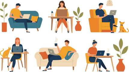 Plakat Remote work home scenes, casual laptop users, cozy furniture, pets, plants, digital lifestyle, cartoon interior, relaxed workspace