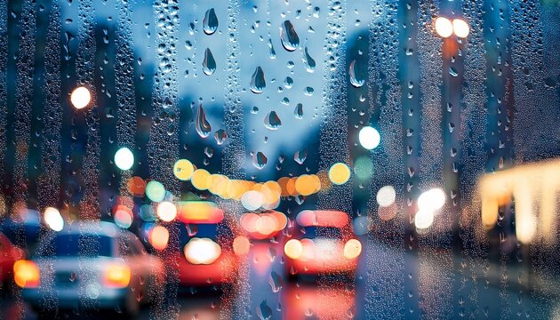 blurred bokeh background traffic view of cars rain in the city wet glass background with drops