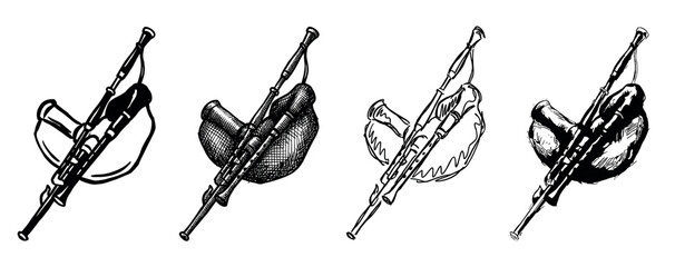 Set of four hand-drawn bagpipe illustrations in various artistic sketch styles, including simple line art, detailed cross-hatching, and expressive ink doodles