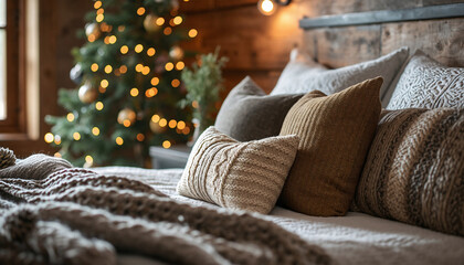 山小屋風の毛足テクスチャでまとめたウィンターコージーな寝室（人物なし）