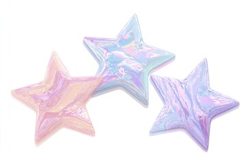 Obraz premium Three iridescent, star-shaped objects on a white background, appearing marble-like