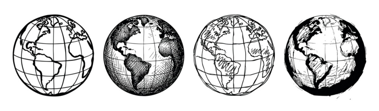 Four hand-drawn black and white globes in a row show different artistic illustration styles, from clean line art and crosshatching to a loose sketch and bold ink drawing