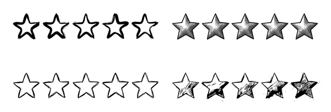Hand drawn black and white star icons for rating systems, featuring various sketch styles from simple outlines to cross-hatching and filled shapes for customer feedback