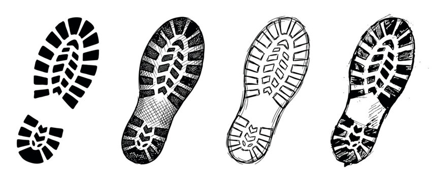 Set of four different boot sole prints hand-drawn in black ink, showcasing various artistic styles like detailed sketch, simple outline, solid silhouette, and grungy stamp