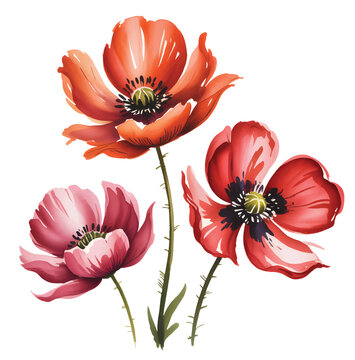 Elegant blooming poppy stems with flowing petals in hand-painted watercolor.