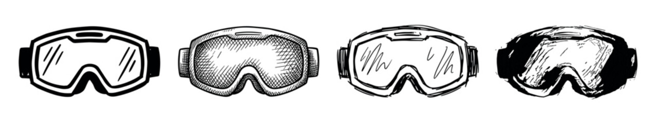 Obraz premium Four black and white ski goggles drawn in a hand-drawn sketch style, showcasing different artistic techniques from clean lines to rough cross-hatching and ink illustration