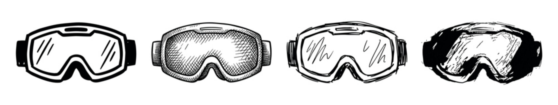 Four black and white ski goggles drawn in a hand-drawn sketch style, showcasing different artistic techniques from clean lines to rough cross-hatching and ink illustration