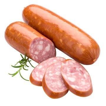 Sliced sausage with a whole piece, sprig of herb, on black background