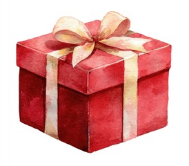 Obraz premium Watercolor red gift box with cream ribbon, top-down view, isolated on white background