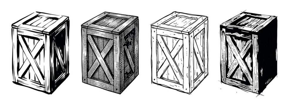 Four tall wooden shipping crates in a hand-drawn sketch style, showcasing a collection of rustic containers for cargo and storage with detailed ink line art and cross-hatching