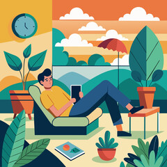 Fototapeta premium Man Relaxing Indoors Reading Tablet With Outdoor View