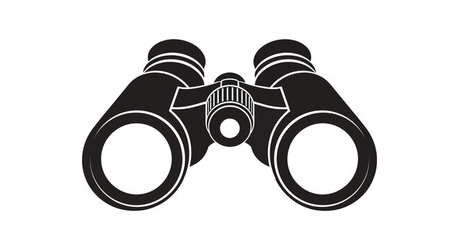 A striking black and white illustration depicts a pair of binoculars highlighting their detailed design as a bold silhouette