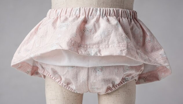 Medium shot focusing on the structure of a lined baby dress and bloomer set emphasizing the clean seams fabric layers and comfortable fit for infants.