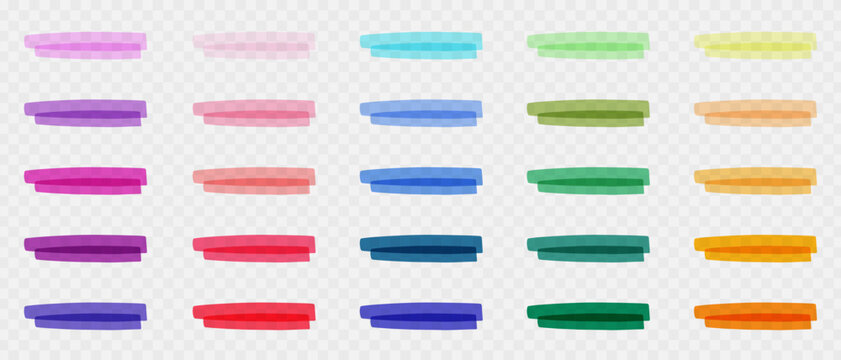 Highlighter marker set, Doodle brush colored felt-tip pens for highlighting text, Underline line, Hand drawn marker strokes.