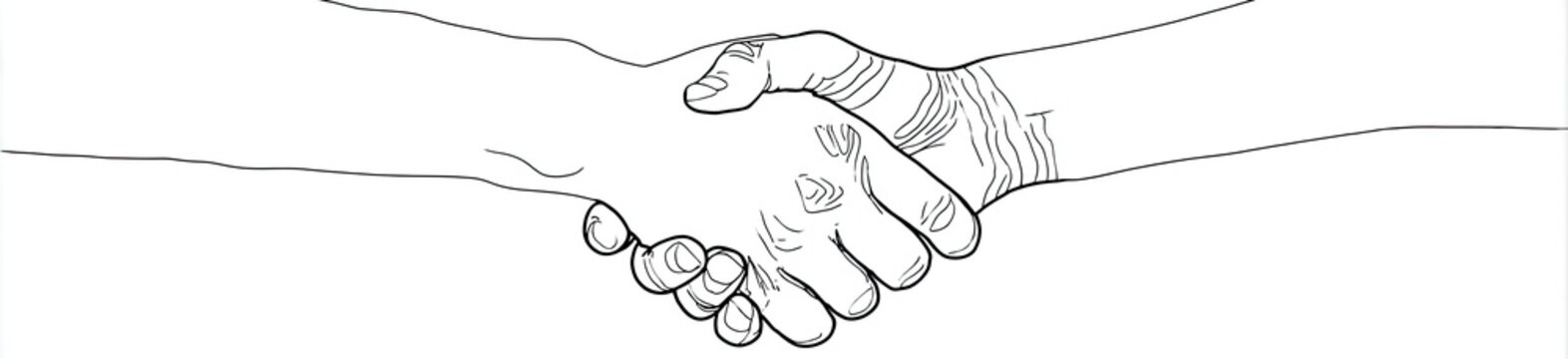 Black and white illustration of two hands clasped in a handshake, drawn with visible details