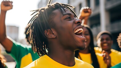 Obraz premium Young Black man with dreadlocks cheering loudly with a diverse group of friends in the background