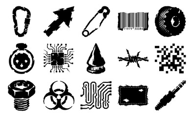 Obraz premium Grungy Linocut Industrial Hardware Graphic Element Kit for Cyberpunk and Post-Apocalyptic Design