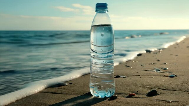 A clear plastic water bottle on the beach.