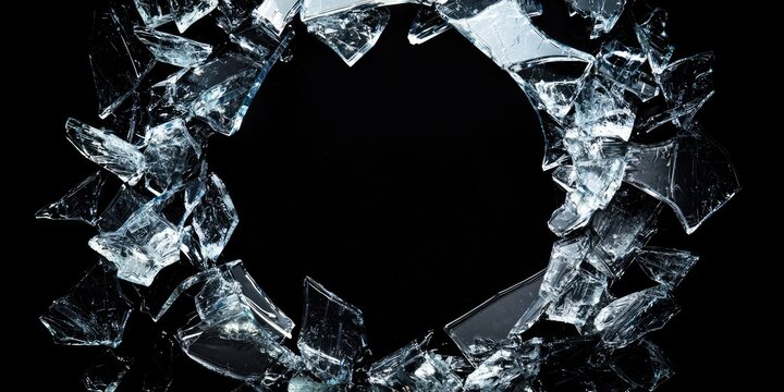 A shattered glass window with jagged pieces scattered around, set against a black background.