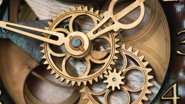 Wooden mechanism of vintage wall clock. the gears of the clock are in motion. A symbol of time and a former era	
