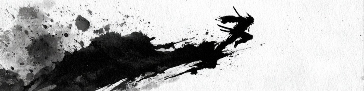 A running figure with swords, rendered in black ink against white background, dynamic splash effect