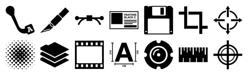 Minimalist Graphic Design Tools Black Icon Asset Sheet for Creative Studio Branding