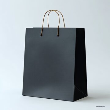 A sleek, glossy black shopping bag with brown rope handles, centered on a light background