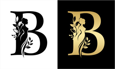 Elegant Letter B Logo with Woman Silhouette and Floral Accents.