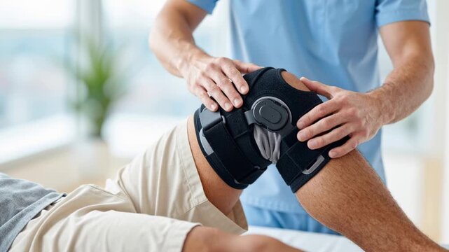 close up video of doctor or osteopath checking knee stability with brace, pressing and moving joint to test support, comfort, and medical effectiveness