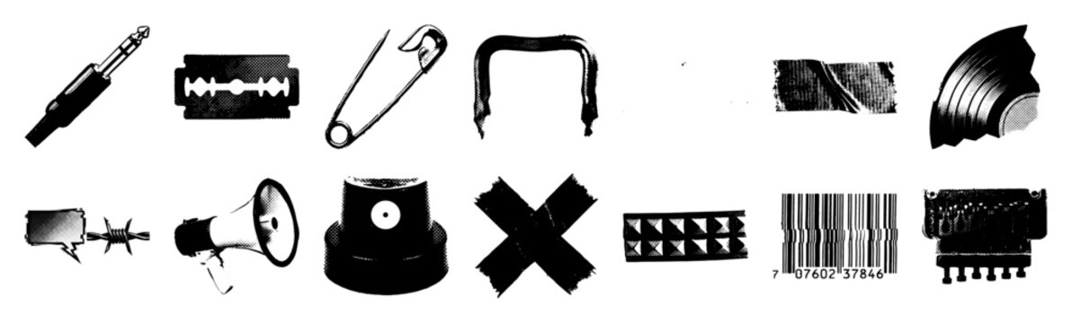 Grungy Halftone Punk Rock Graphic Element Kit for Underground Music and Zine Design