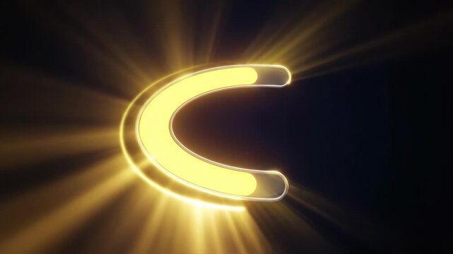 Glowing letter C with radiant golden light rays on a dark background