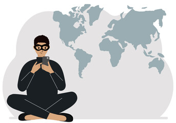 A hacker in a black mask holding a mobile phone. Cyberattack, mobile phishing, fraud. World map in the background. Vector flat illustration.