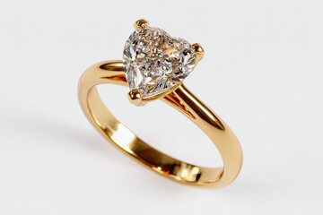 A heart-shaped diamond sits atop a smooth gold band against a clean, white background
