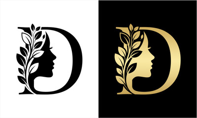 Elegant Letter D Logo with Womans Face and Botanical Elements.