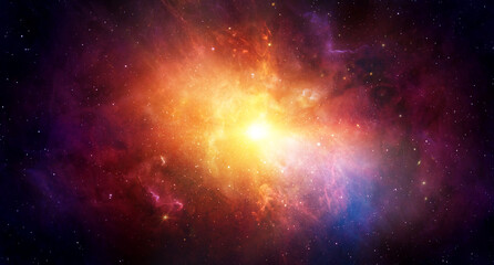 Bright cosmic nebula with a glowing stellar core surrounded by colorful interstellar clouds and distant stars. . Elements of this image furnished by NASA.