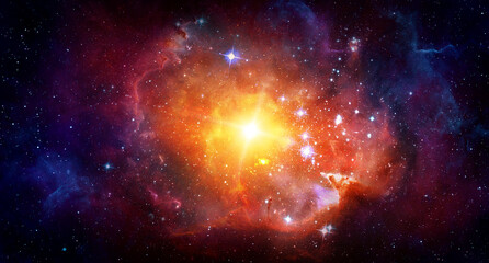 Bright cosmic nebula with a glowing stellar core surrounded by colorful interstellar clouds and distant stars. Elements of this image furnished by NASA.