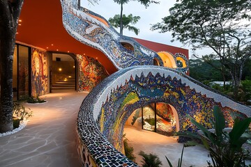 A highly artistic non-colonial exterior designed with bright mosaics, curved walls, and open spaces 