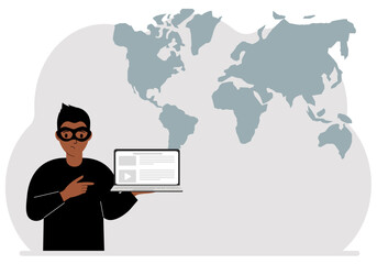 Hacker in a black mask with a computer. Cyberattack, mobile phishing, fraud. World map in the background. Vector flat illustration.